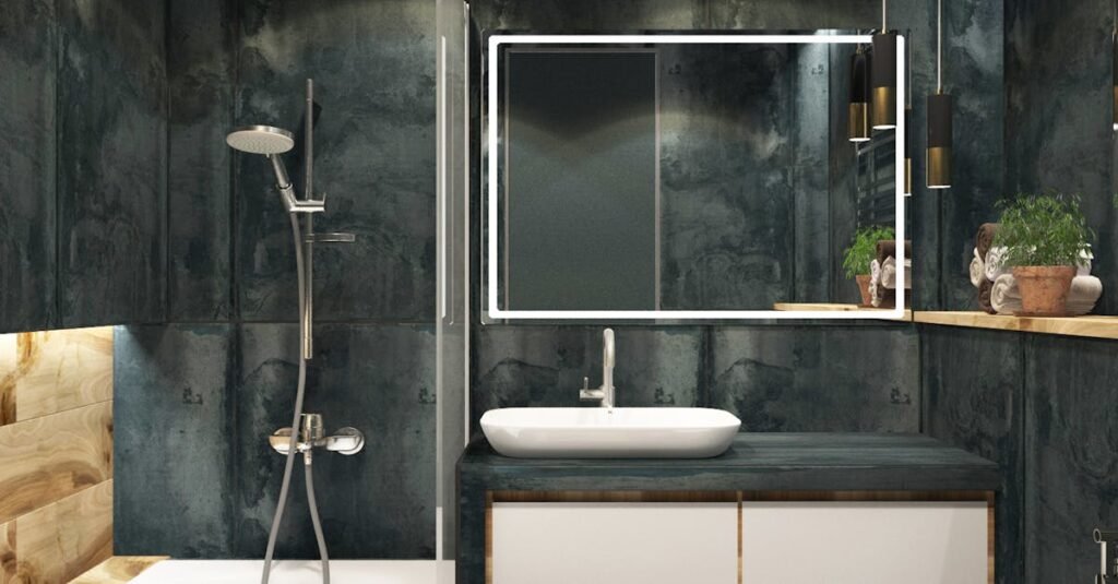 A contemporary bathroom showcasing black marble walls, clean lines, and modern fixtures, exuding luxury and style.